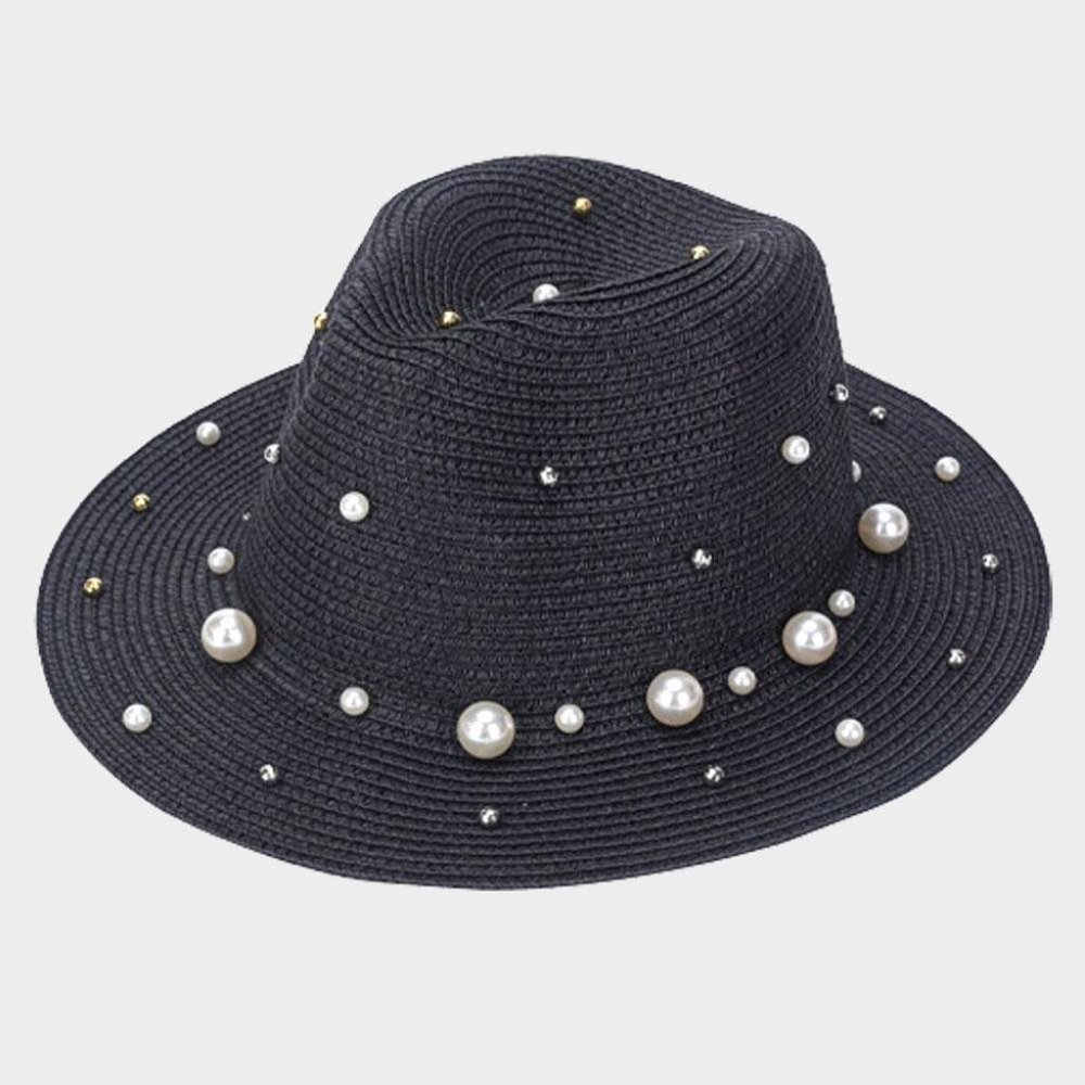 Pearl Accent Straw Fedora Hat